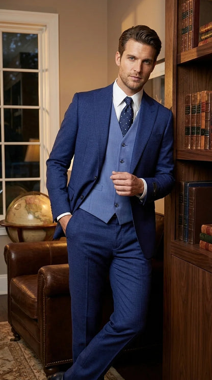 Vitali Men’s Navy Blue 3 Piece Suit with Light Blue Vest, Textured Formal Dress Suit for Weddings, Prom, Business Events, and Parties Modern Fit