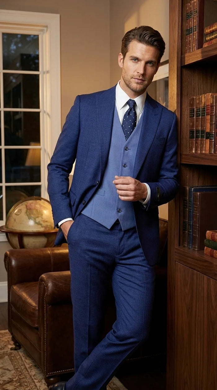 Vitali Men’s Navy Blue 3 Piece Suit with Light Blue Vest, Textured Formal Dress Suit for Weddings, Prom, Business Events, and Parties Modern Fit