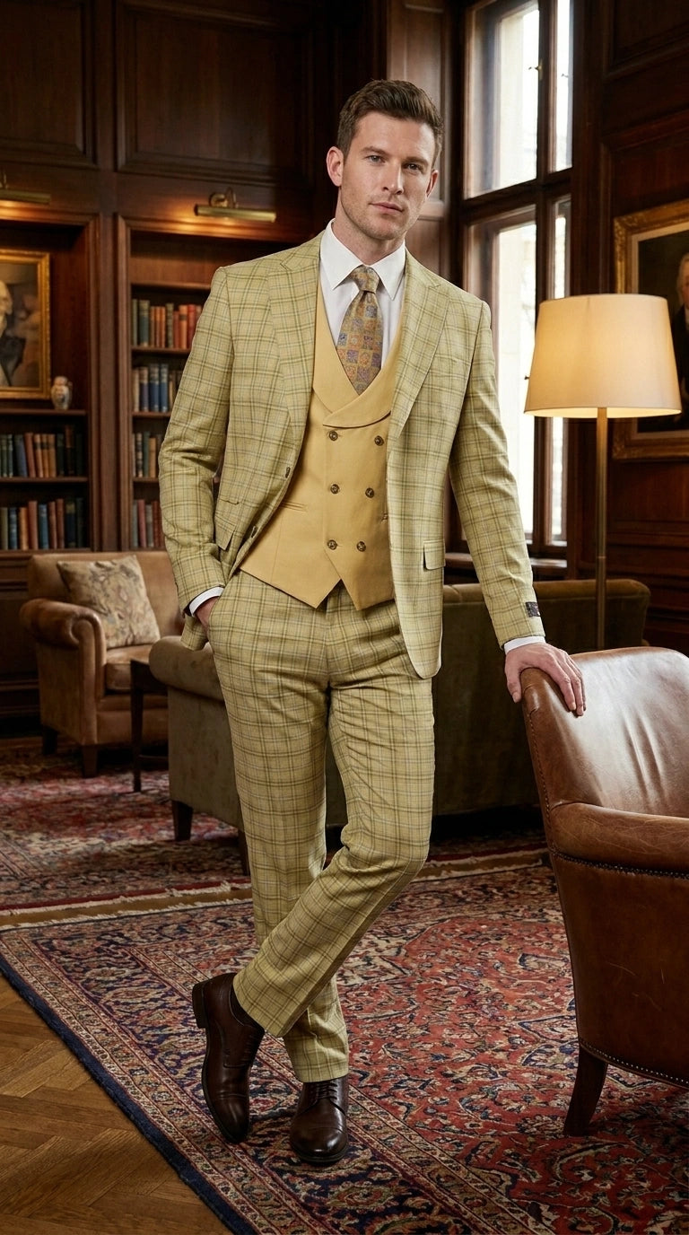 Vitali Men’s Sage Beige Tan Plaid 3 Piece Suit, Check Pattern Formal Dress Suit for Weddings, Prom, Business Events,Light Yellow Color Modern Fit