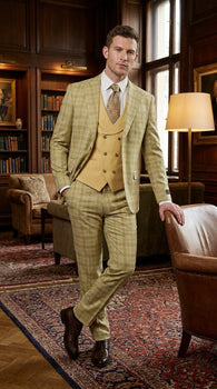 Vitali Men’s Sage Beige Tan Plaid 3 Piece Suit, Check Pattern Formal Dress Suit for Weddings, Prom, Business Events, Modern Fit Light Yellow Color