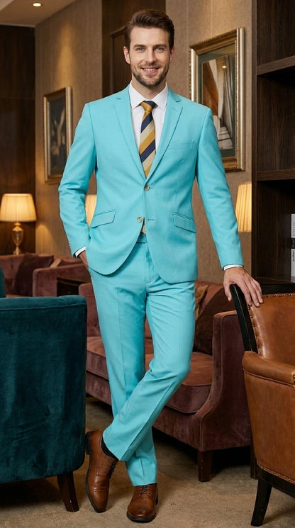Men’s Aqua Blue 2 Piece 2 Button Suit, Formal Dress Suit for Weddings, Prom, Parties, Summer Events, Turquoise Light blue Modern Fit