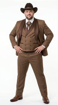 Men’s Brown Pinstripe Western Cowboy Tuxedo, Contrast Shawl Lapel Formal Suit for Weddings, Prom, Parties, and Special Occasions