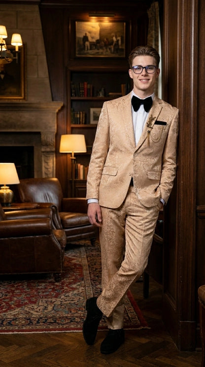 Men’s Champagne Gold Paisley Prom Tuxedo, Formal Dinner Suit for Prom, Weddings, Parties in Tan Color