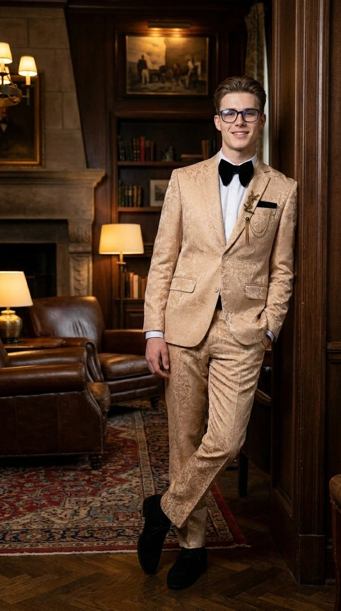 Men’s Champagne Gold Paisley Prom Tuxedo, Formal Dinner Suit for Prom, Weddings, Parties in Tan Color