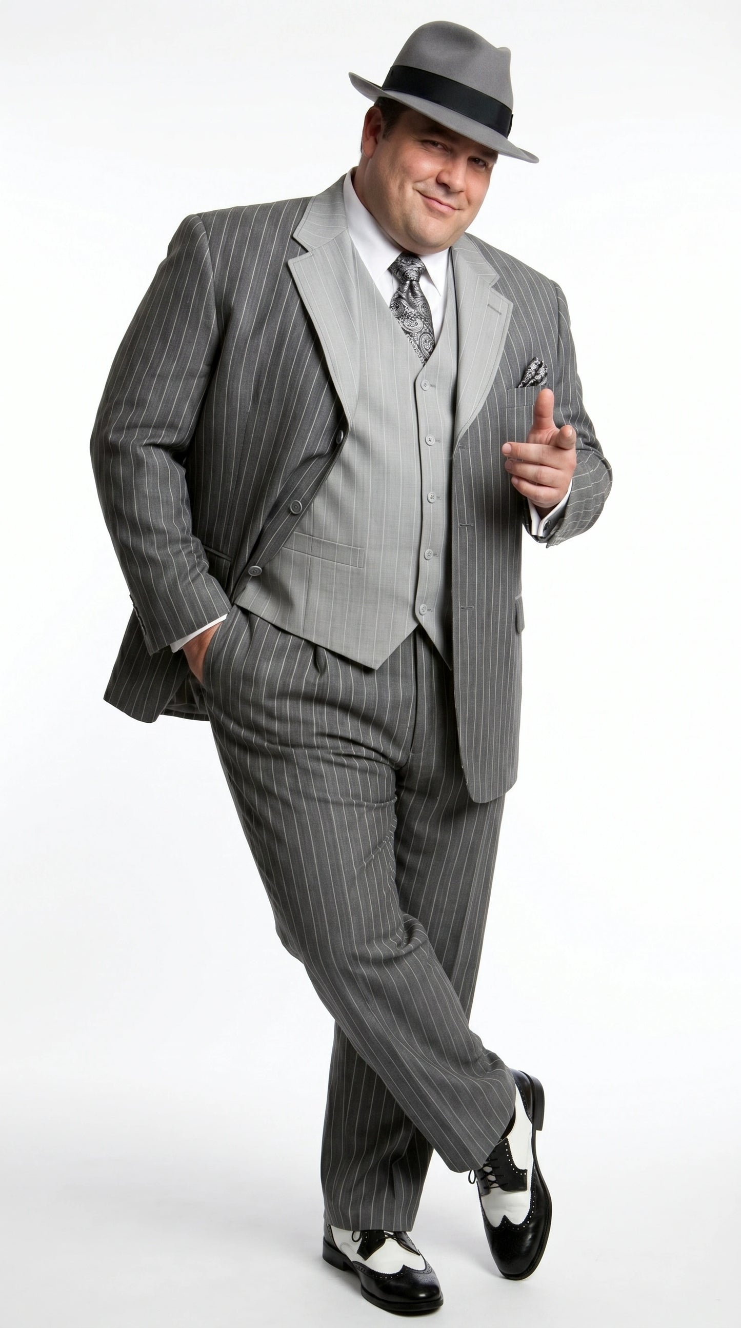 Men’s Grey Pinstripe 1920s Gangster 3 Piece Suit, Contrast Lapel Vintage Formal Suit for Parties, Prom, Weddings, and Theme Events Modern Fit
