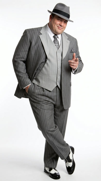 Men’s Grey Pinstripe 1920s Gangster 3 Piece Suit, Contrast Lapel Vintage Formal Suit for Parties, Prom, Weddings, and Theme Events Modern Fit