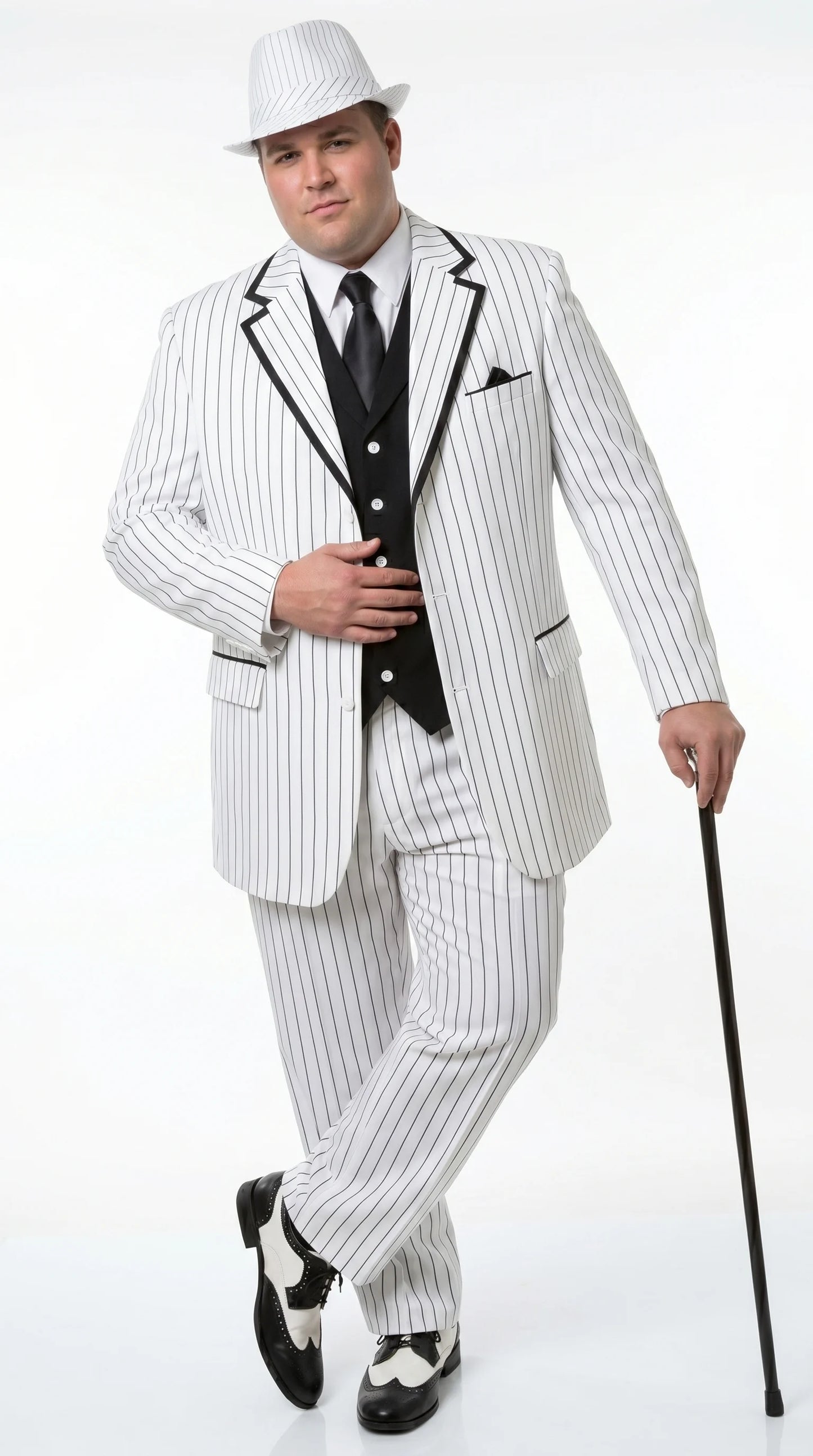 Men’s White Pinstripe 1920s Gangster 3 Piece Suit, Black Contrast Formal Costume Suit for Parties, Prom, Weddings, and Theme Events Modern Fit
