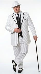 Men’s White Pinstripe 1920s Gangster 3 Piece Suit, Black Contrast Formal Costume Suit for Parties, Prom, Weddings, and Theme Events Modern Fit