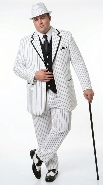 Men’s White Pinstripe 1920s Gangster 3 Piece Suit, Black Contrast Formal Costume Suit for Parties, Prom, Weddings, and Theme Events Modern Fit