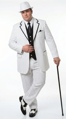 Men’s White Pinstripe 1920s Gangster 3 Piece Suit, Black Contrast Formal Costume Suit for Parties, Prom, Weddings, and Theme Events