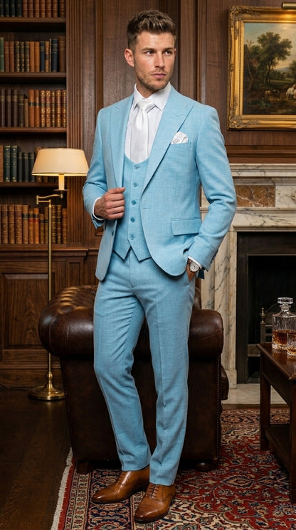 Men’s Turquoise Light blue Suit, Vested Formal Dress Suit for Weddings, Prom, Summer Parties, and Special Occasions in Aqua Blue Color By Rossiman Modern Fit