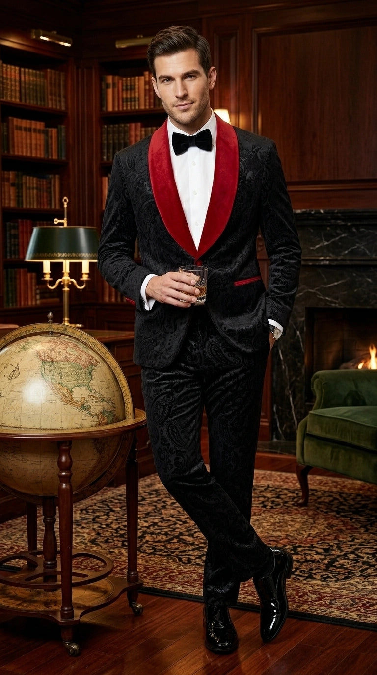 Men’s Black Paisley 2 Piece Suit with Red Shawl Lapel, Formal Wedding Prom Party Suit Set Modern Fit