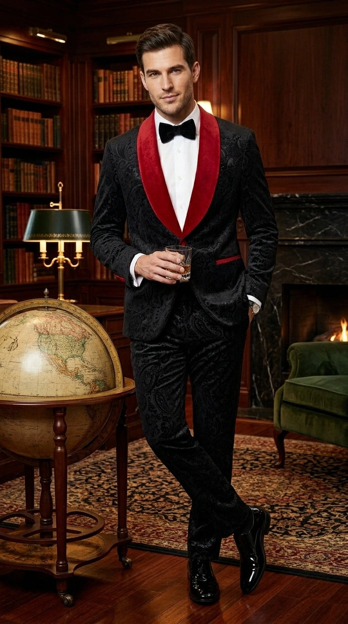 Men’s Black Paisley 2 Piece Suit with Red Shawl Lapel, Formal Wedding Prom Party Suit Set Modern Fit