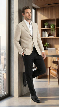 Zacchi Men’s Beige Hopsack Blazer – Classic Two Button Sport Coat with Peak Lapel Formal Jacket