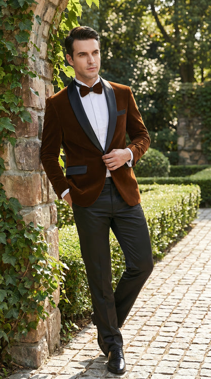 Men’s Brown Camel Bronze Velvet Tuxedo Jacket, Shawl Lapel Wedding Prom Dinner Blazer - Blazer Sportcoat
