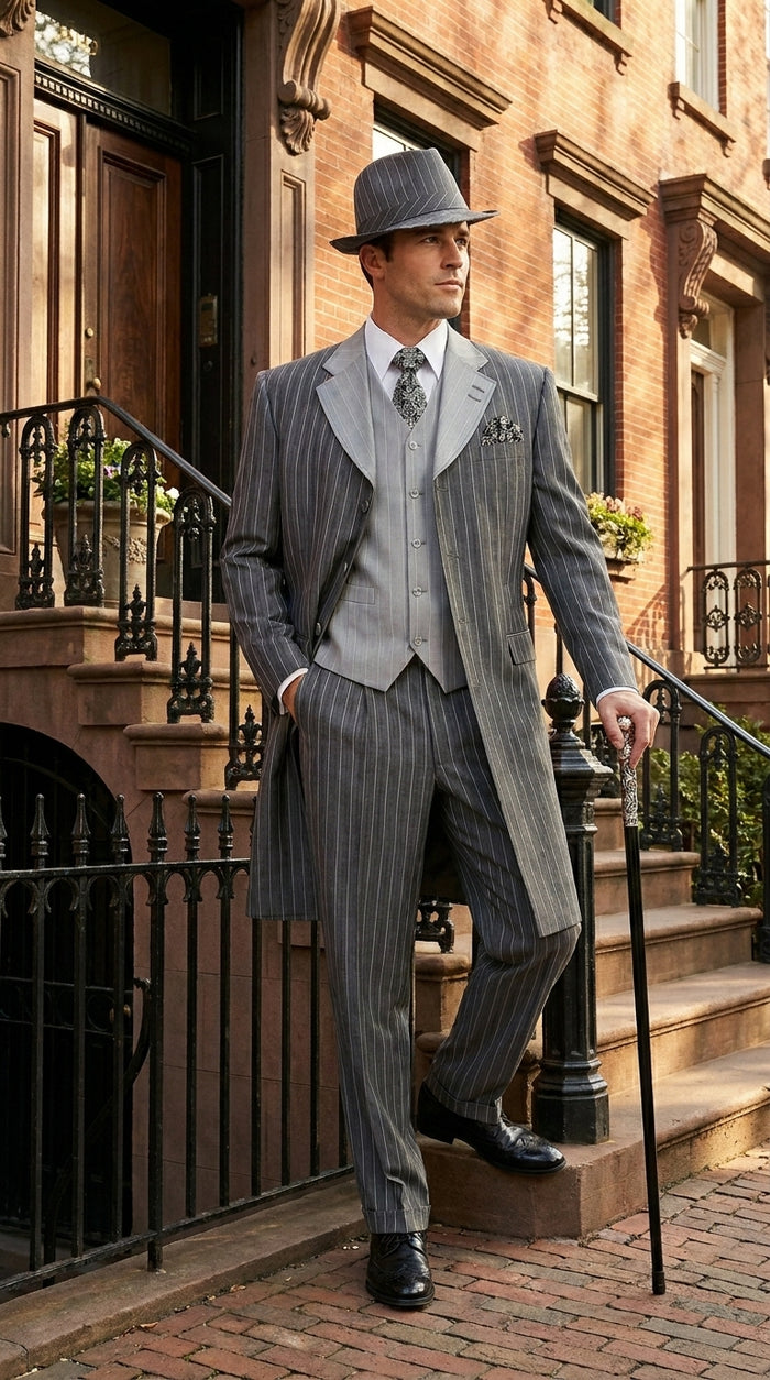 Men’s Grey Pinstripe Zoot Suit 3 Piece – 1920s Gangster Vintage Wide Lapel Suit with Vest for Wedding, Party