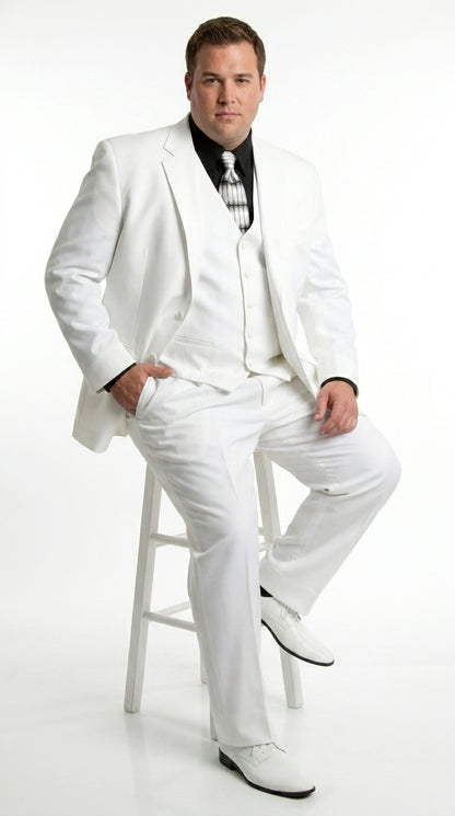 Men’s All White Classic 3 Piece Suit with High Vest, 3 Button Jacket and Pleated Pants