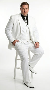Men’s All White Classic 3 Piece Suit with High Vest, 3 Button Jacket and Pleated Pants