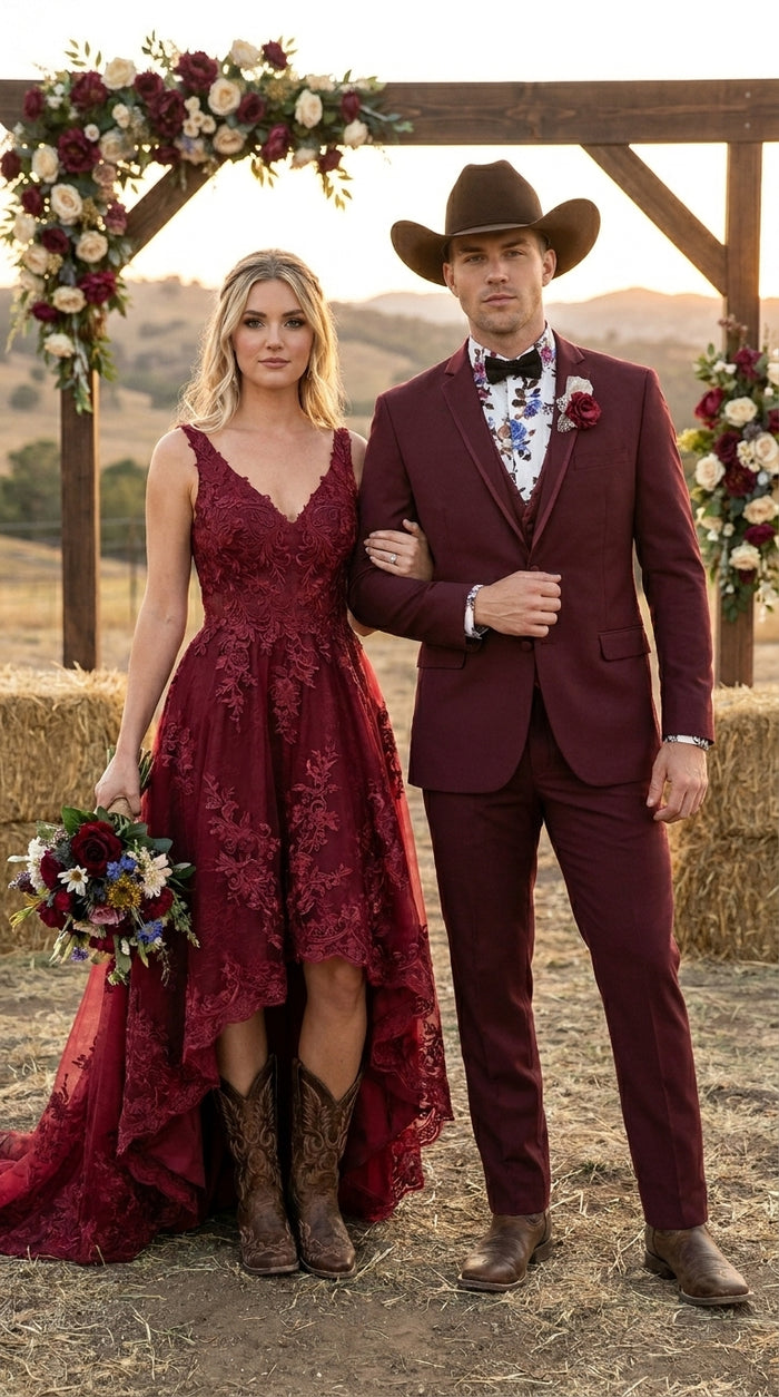 Men’s Burgundy Western Tuxedo Suit, 3 Piece Cowboy Formal Wedding Prom Suit with Satin Trim