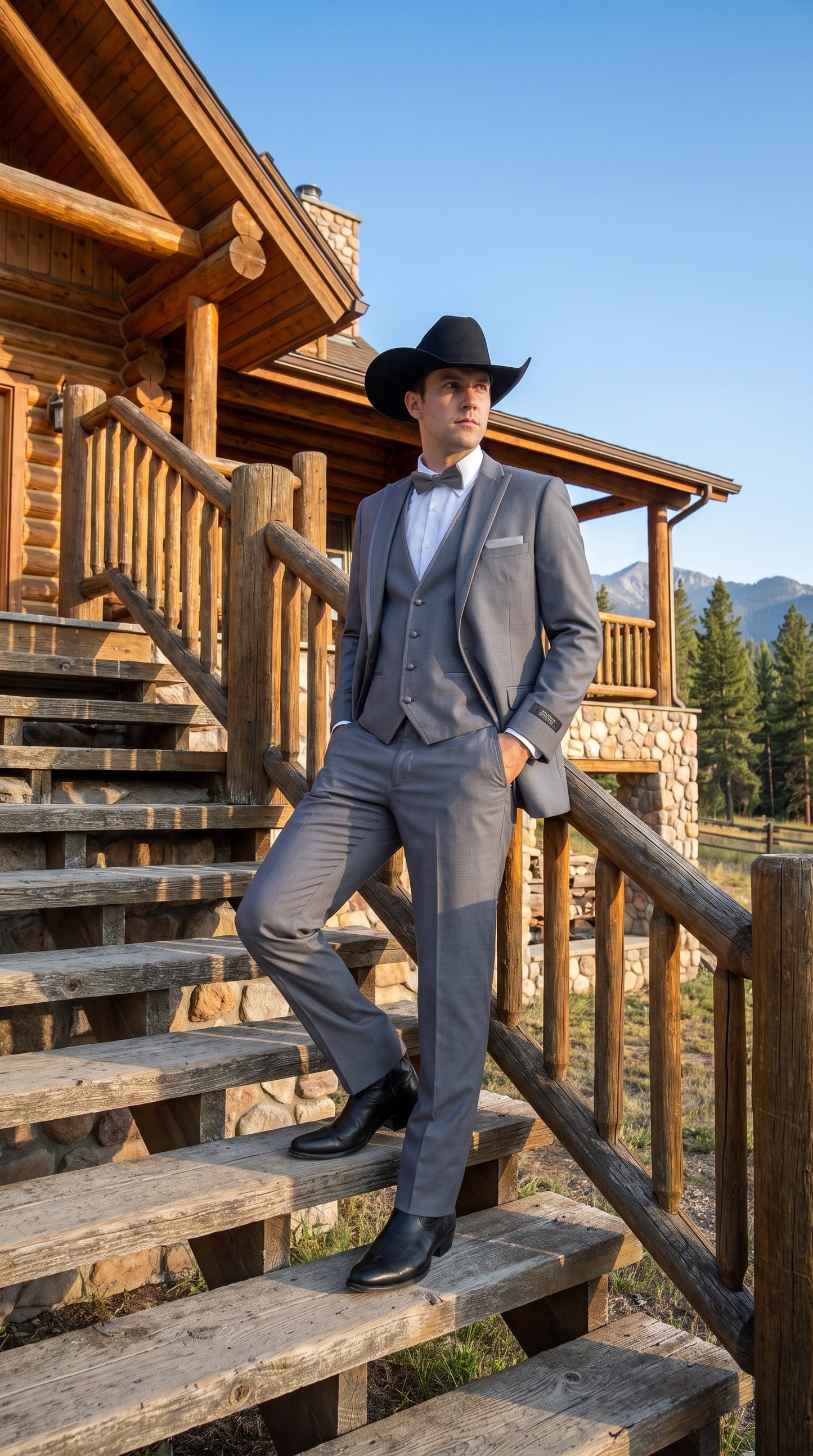 Men's Medium Grey Western 3-Piece Tuxedo Suit with Vest – Cowboy Style Formal Country Outfit