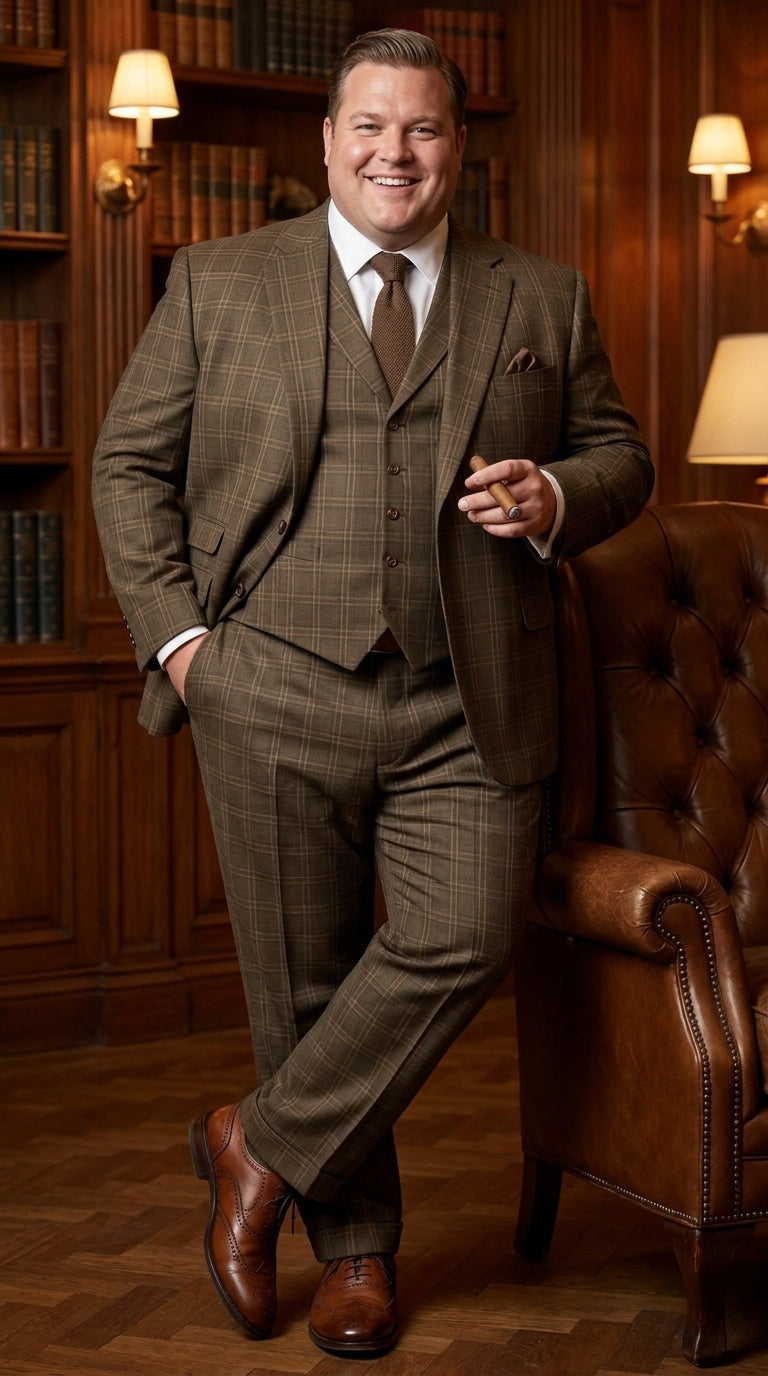 Men’s 1930s Brown Plaid 3 Piece Suit, Vintage Formal Wedding Business Dress Suit Set  Modern Fit