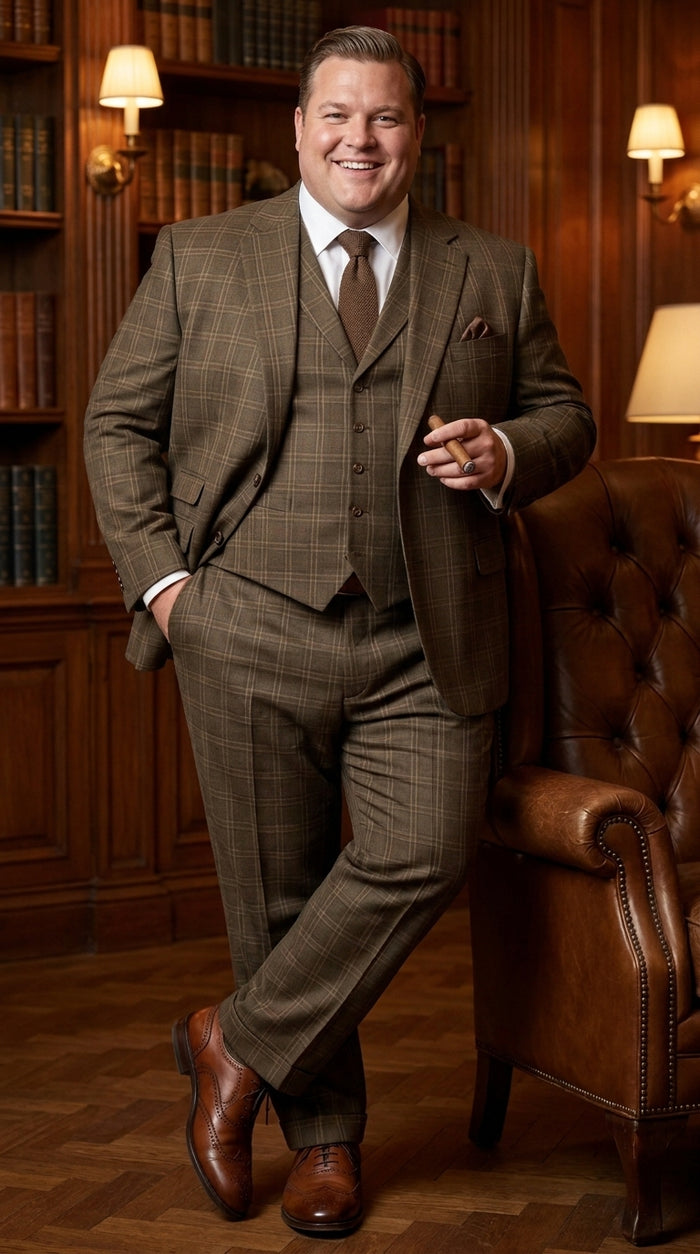 Men’s 1930s Brown Plaid 3 Piece Suit, Vintage Formal Wedding Business Dress Suit Set  Modern Fit