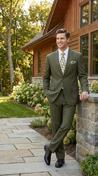 Men’s Olive Green Tuxedo With Trim Collar – Formal Wedding, Prom Suit Modern Fit