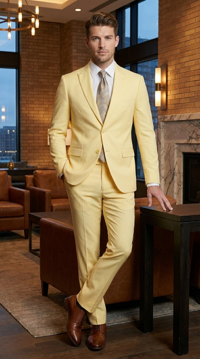 Men’s Pale Yellow 2 Piece Suit, Formal Dress Suit for Weddings, Prom, Parties, Summer Events, and Special Occasions By Vitali Modern Fit