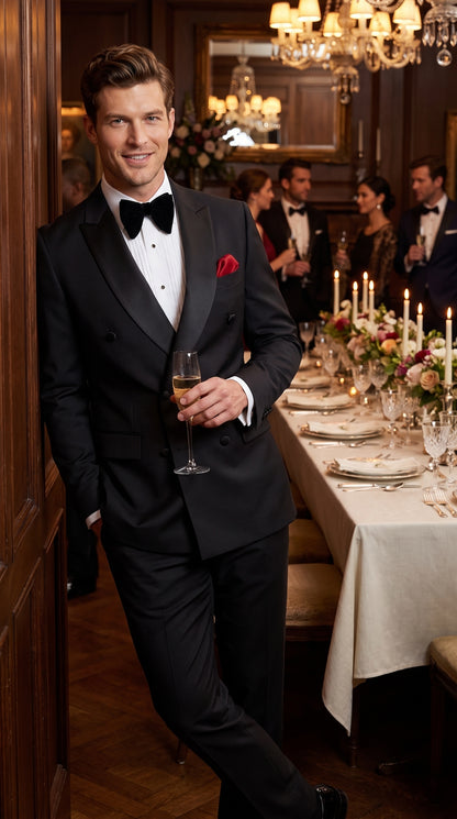Men’s Black Double Breasted Evening Wear Suit with Satin Shawl Lapel and Red Pocket Square  Modern Fit