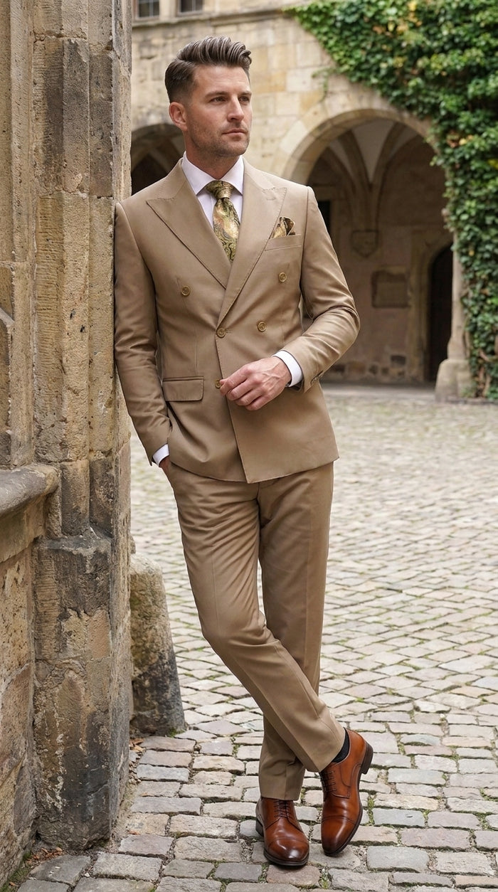 Men’s Statement Brand Caramel Khaki Double Breasted Wool Suit, Designer Formal Business Suit Set Wool Suit in Camel Color  Modern Fit