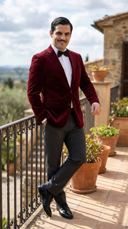 Men’s Gomez Addams Inspired Costume, Burgundy Velvet Blazer with Black Pants Formal Party Outfit Combo