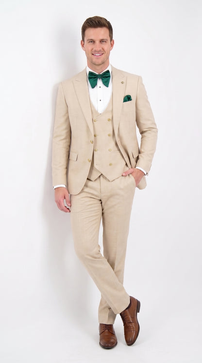 Men’s Khaki Tan 3-Piece Groomsmen Suit – Wedding Suit with Double-Breasted Vest and Pants Great Gatsby Style Gold buttons