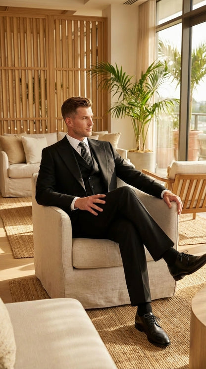 Tiglio Mens Black 3 Piece Suit – Single Button Classic Fit Pleated Wide Leg Pants Formal Business Chruch Suit - 100% Wool