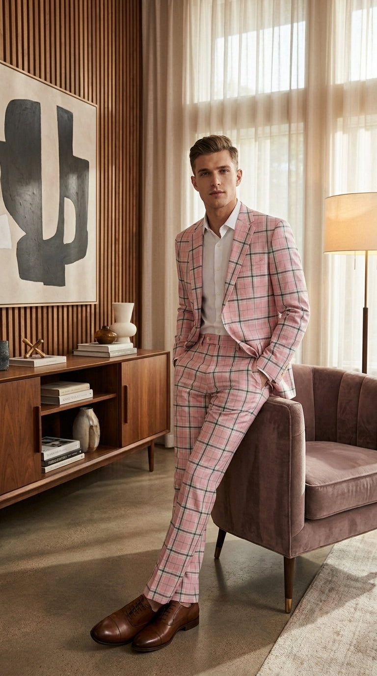 Men’s Pink Plaid Suit with Check Pattern Blazer and Matching Pants, Formal Wedding Party Dress Suit