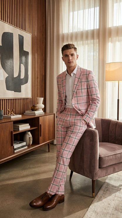 Men’s Pink Plaid Suit with Check Pattern Blazer and Matching Pants, Formal Wedding Party Dress Suit