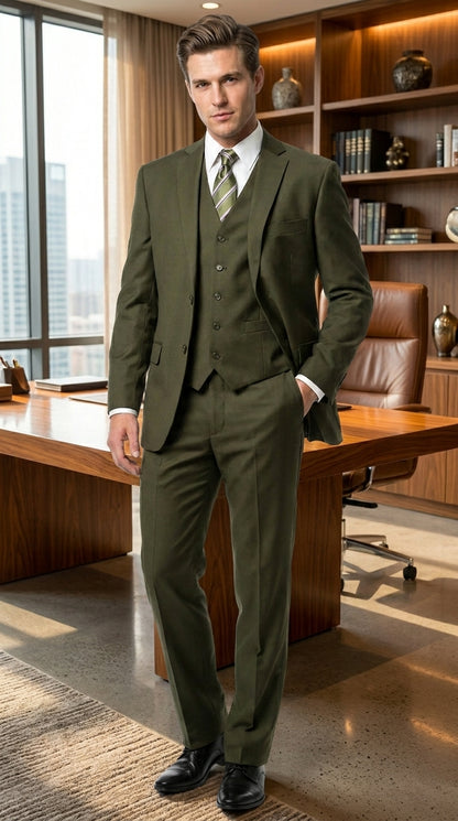 Men’s Olive 3 Piece Suit with Blazer, Vest and Pants, Formal Wedding Business Dress Suit