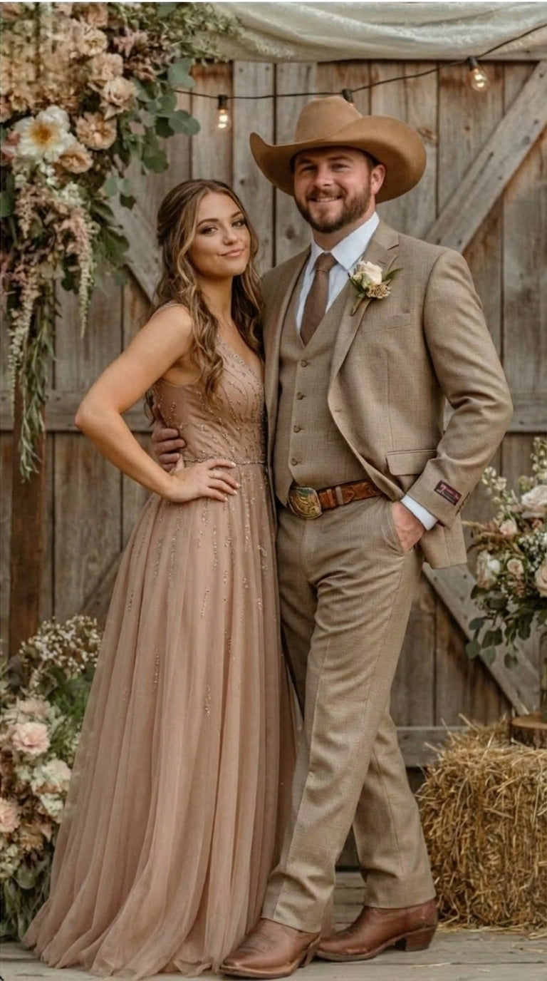 Mens Sharkskin Dark Taupe Tan with sheen Western 3 Piece Suit – Classic Country Style Blazer Vest Pants Set, Formal Cowboy Suit Outfit