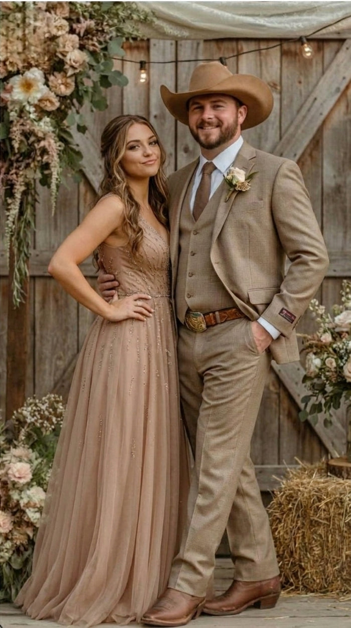 Mens Sharkskin Dark Taupe Tan with sheen Western 3 Piece Suit – Classic Country Style Blazer Vest Pants Set, Formal Cowboy Suit Outfit