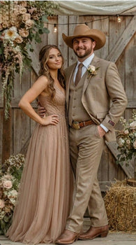 Mens Sharkskin Dark Taupe Tan with sheen Western 3 Piece Suit – Classic Country Style Blazer Vest Pants Set, Formal Cowboy Suit Outfit