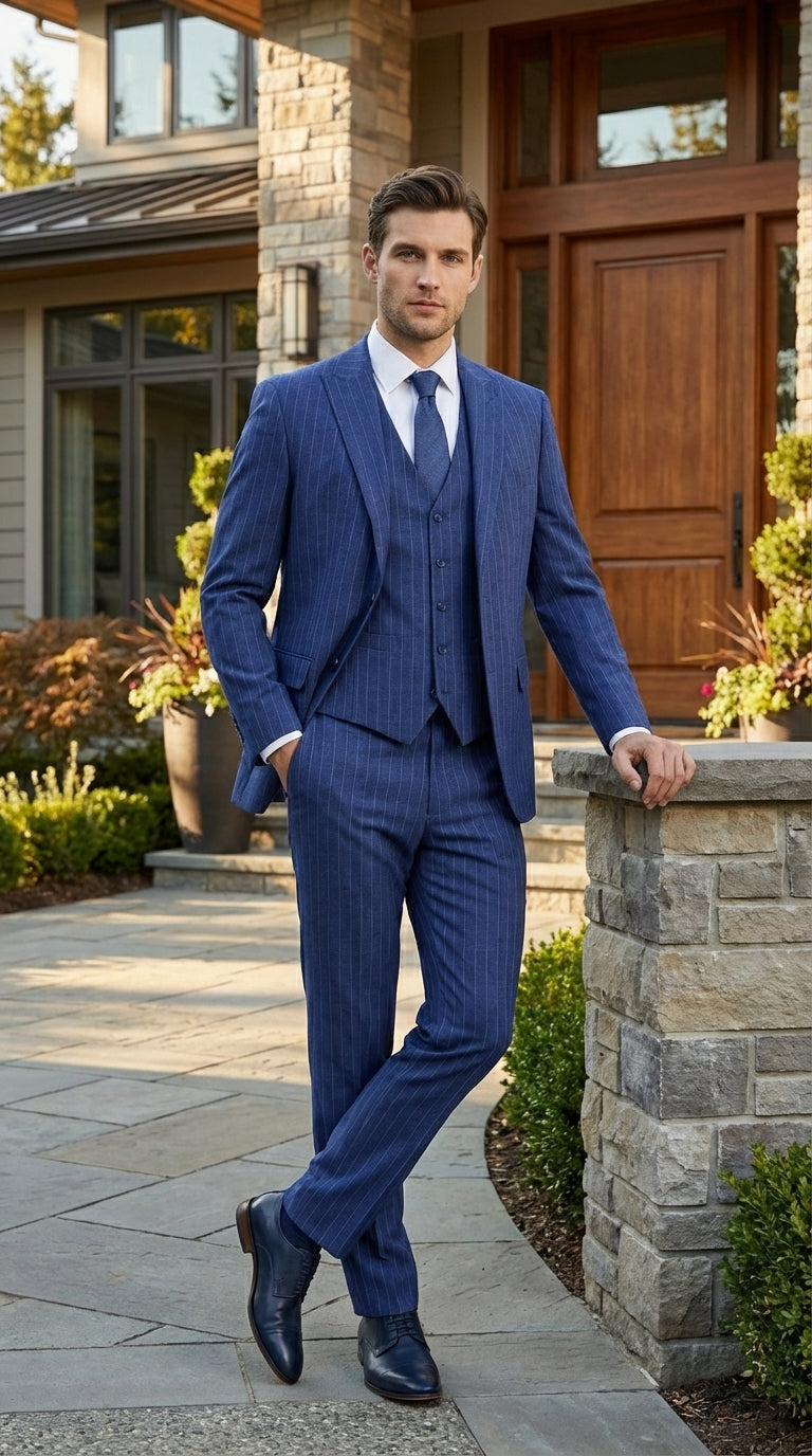 Men’s Cobalt Blue 3 Piece Suit – Indigo Light Blue Pinstripe Formal Suit with Vest for Wedding, Business Two buttons Modern Fit