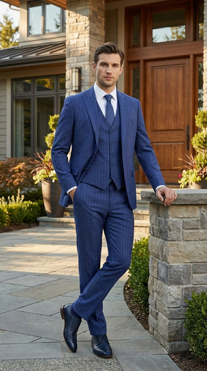 Men’s Cobalt Blue 3 Piece Suit – Indigo Light Blue Pinstripe Formal Suit with Vest for Wedding, Business Two buttons Modern Fit