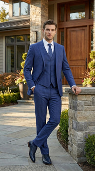 Men’s Cobalt Blue 3 Piece Suit – Indigo Light Blue Pinstripe Formal Suit with Vest for Wedding, Business Modern Fit Two buttons