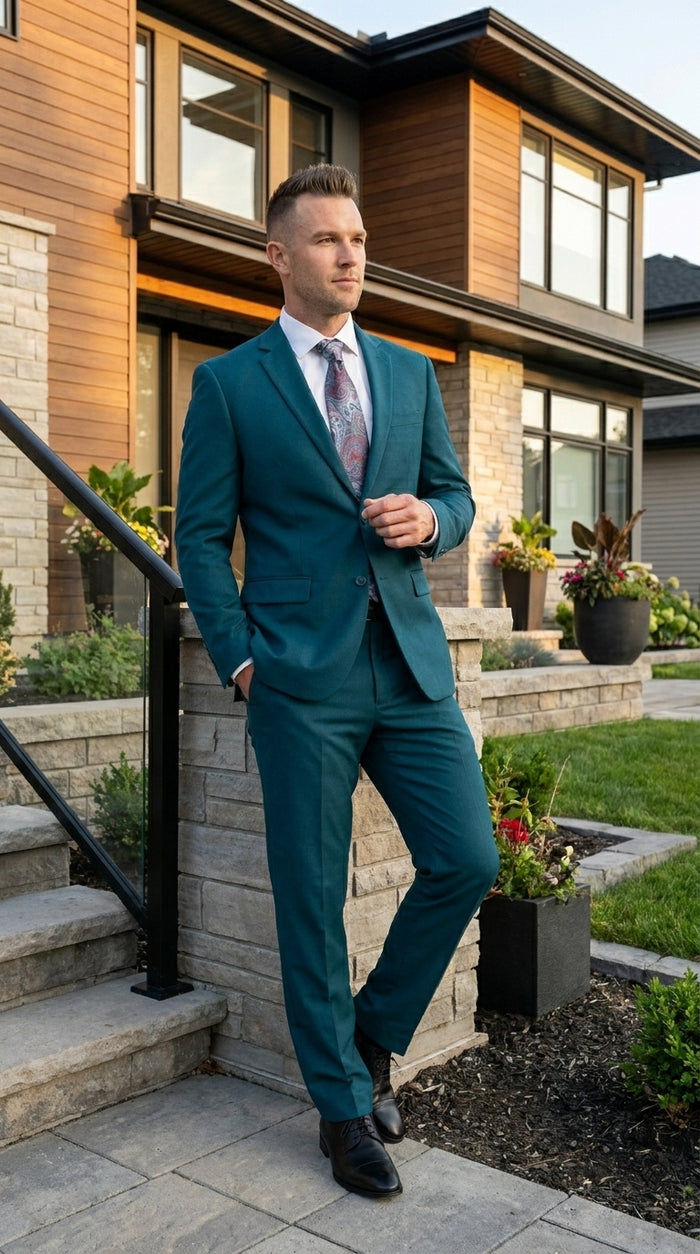 Discounted Sale Clearance Men's Two Buttons Dark Teal 2-piece suit Flat Front Pants