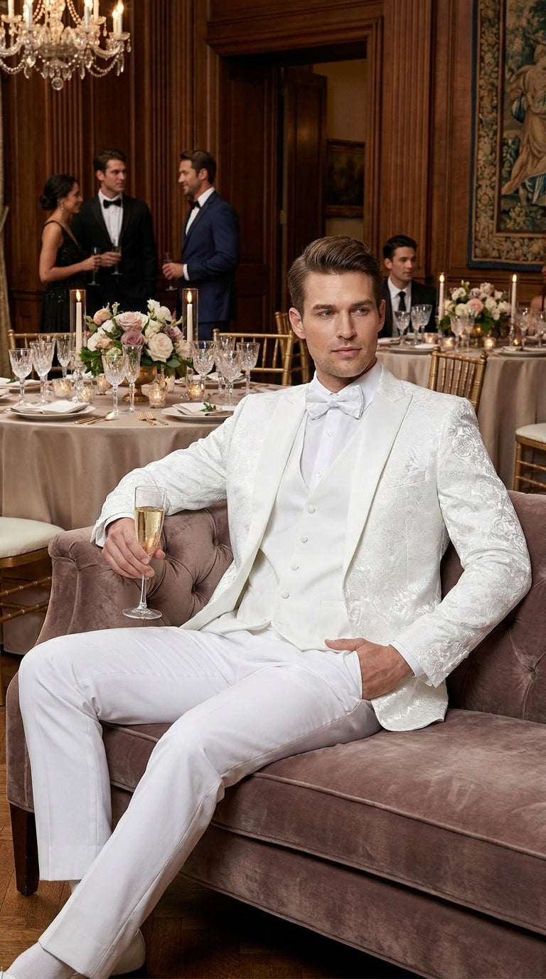Men’s White Paisley Wedding Tuxedo with Groom Suit Jacket, Vest and Pants, Formal Dress Suit