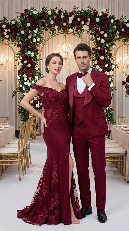 Mens Burgundy Wedding Tuxedo Suit – Paisley Three Piece Formal Suit Set with Shawl Lapel for Groom, Prom