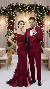 Mens Burgundy Wedding Tuxedo Suit – Paisley Three Piece Formal Suit Set with Shawl Lapel for Groom, Prom