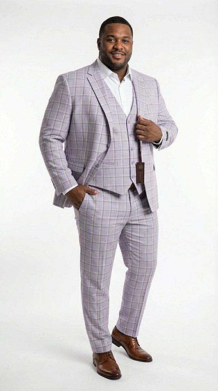 Men’s Lilac Lavender Windowpane Check 3 Piece Suit – Lilac Plaid Formal Suit with Vest for Wedding, Prom and Business Events  Modern Fit
