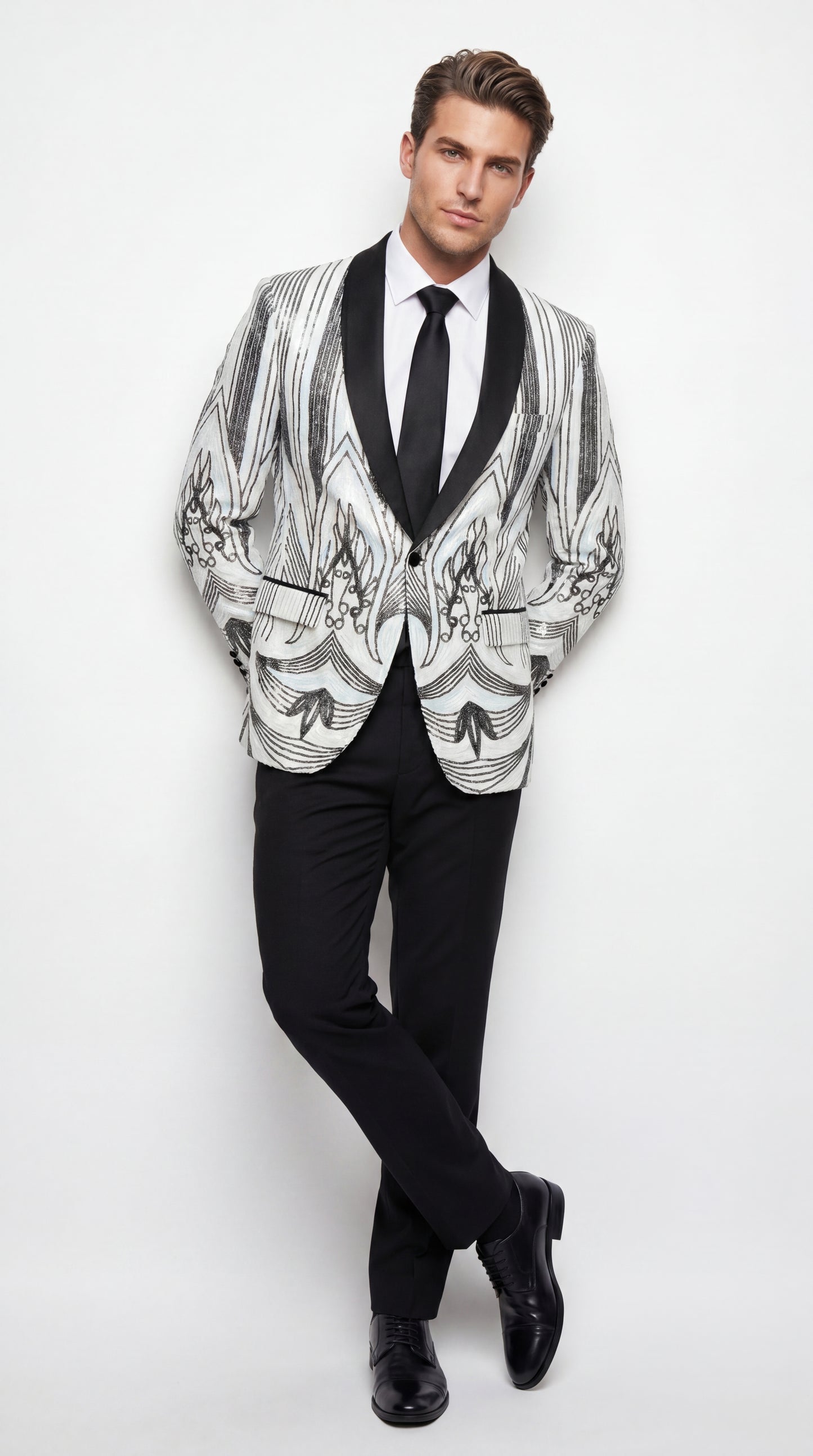 Men’s White and Black Patterned Tuxedo Blazer – Luxury Designer Dinner Jacket for Wedding, Prom and Formal Events New Year Christmas Holiday