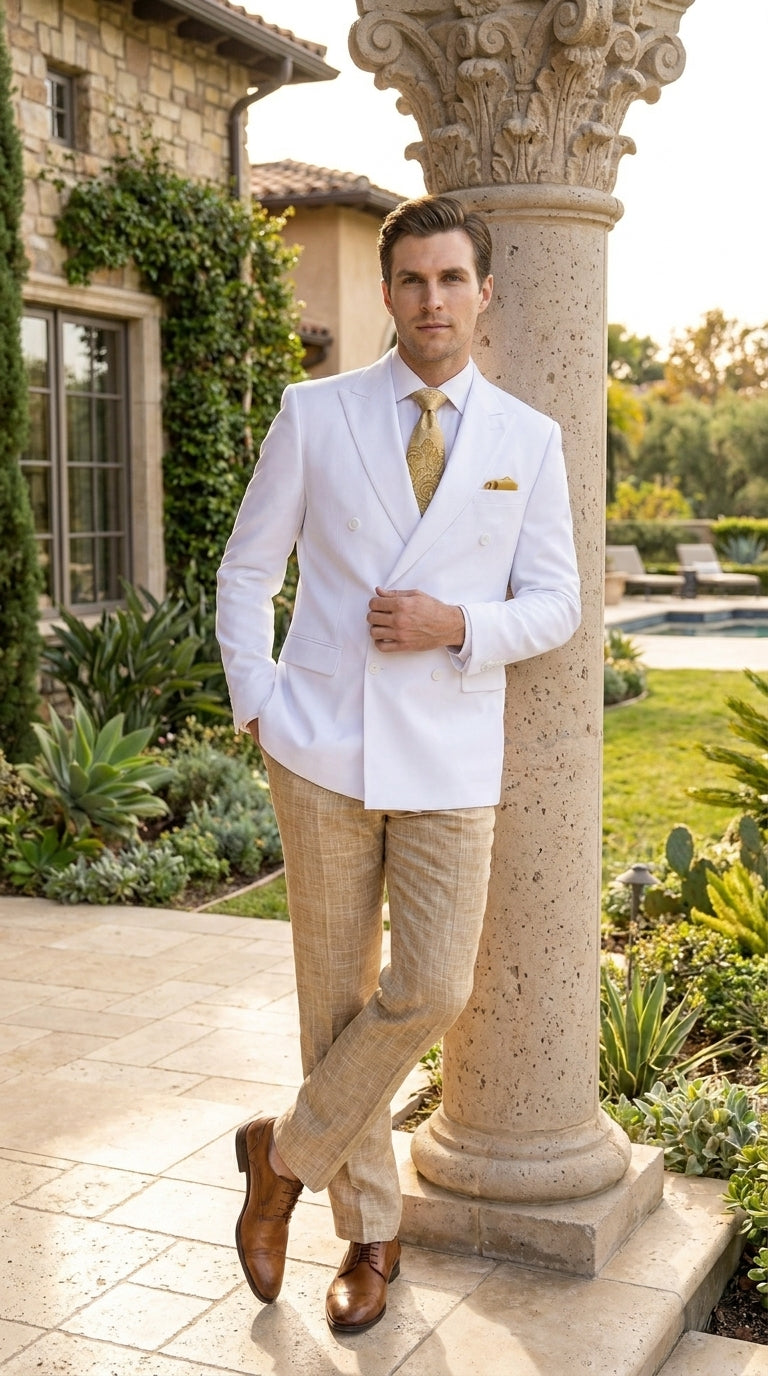 Men’s White Double Breasted Blazer, Formal Dress Jacket for Weddings, Prom, Parties, Dinner Events, and Special Occasions