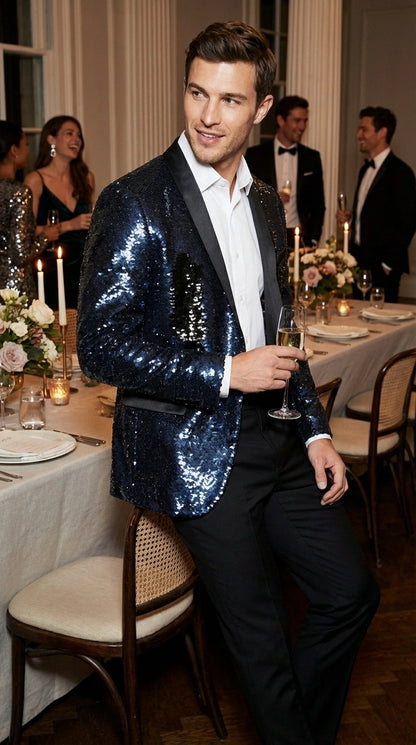 Men’s Navy Sequin Blazer – Navy Blue Sparkle Sequin Formal Blazer with Satin Lapel for Prom, Party and Evening Events